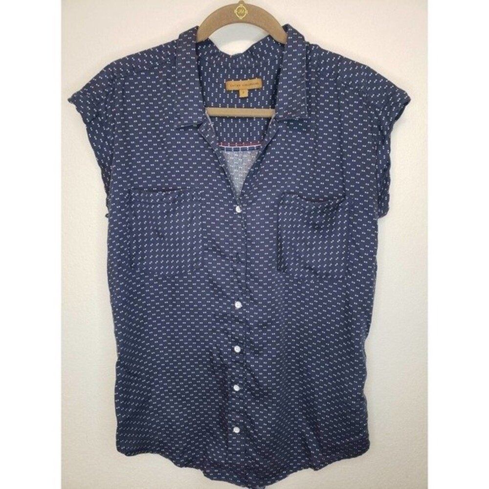 Jachs Girlfriend - Navy w/White Dots, Button Front Short Sleeve Shirt - Small